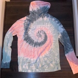 Simply Southern Sweatshirt, blue and pink tie dye, with hood and drawstrings.